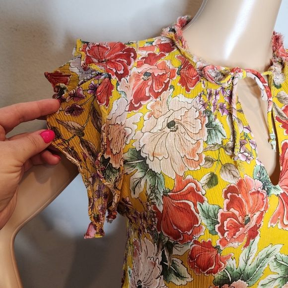 Anthropologie Dolan Silk Ellory Yellow Floral Midi flutter sleeve dress. S. New. - Picture 7 of 16